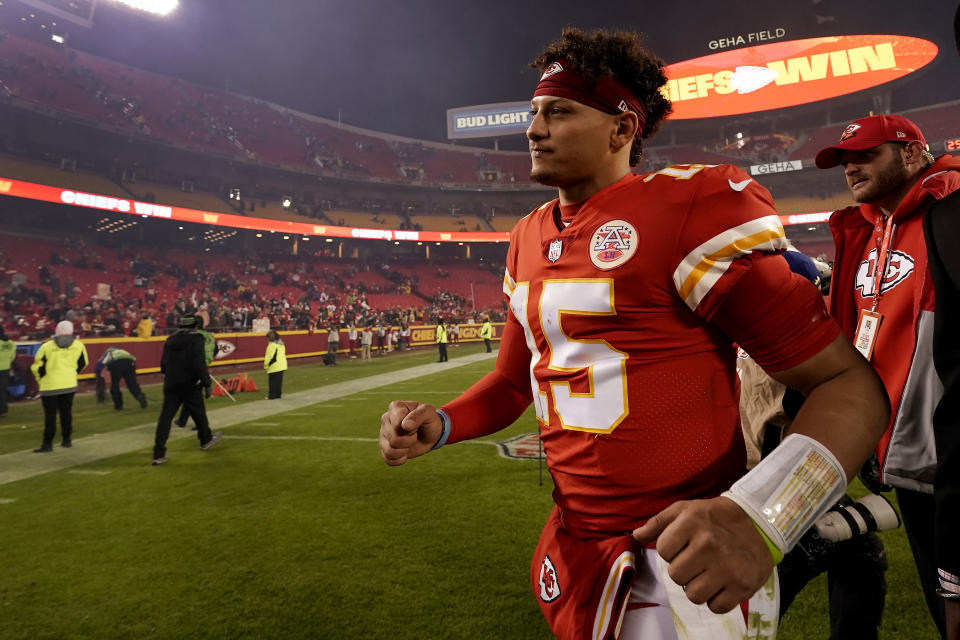 Kansas City Chiefs quarterback Patrick Mahomes runs off the field after an NFL football game against the Los Angeles Rams Sunday, Nov. 27, 2022, in Kansas City, Mo. Kansas City won 26-10. (AP Photo/Charlie Riedel)