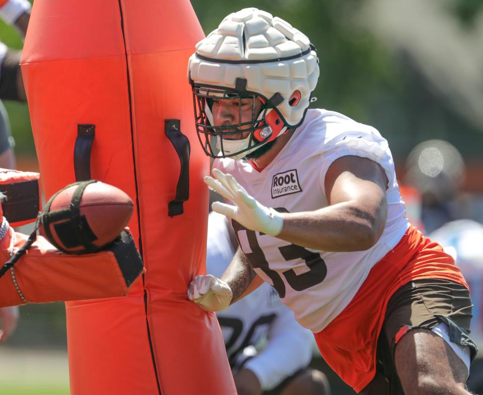 Cleveland Browns defensive tackle Tommy Togiai works on a pass rushing drill during training camp on Saturday, July 30, 2022 in Berea.