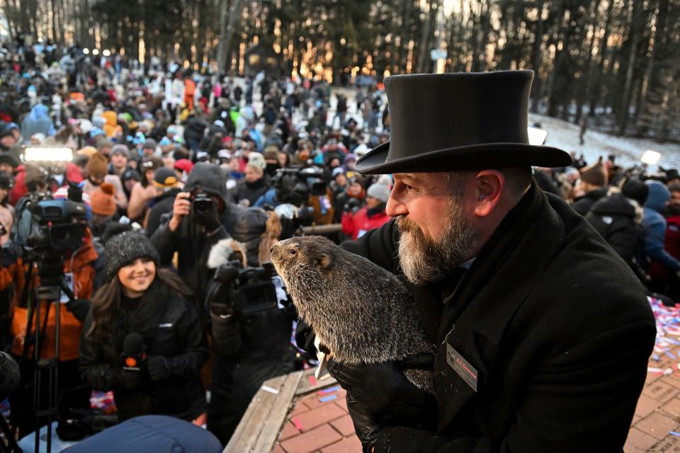 Groundhog Club handler A.J. Dereume makes sure Punxsutawney Phil, the weather prognosticating groundhog, is ready for his close-up.