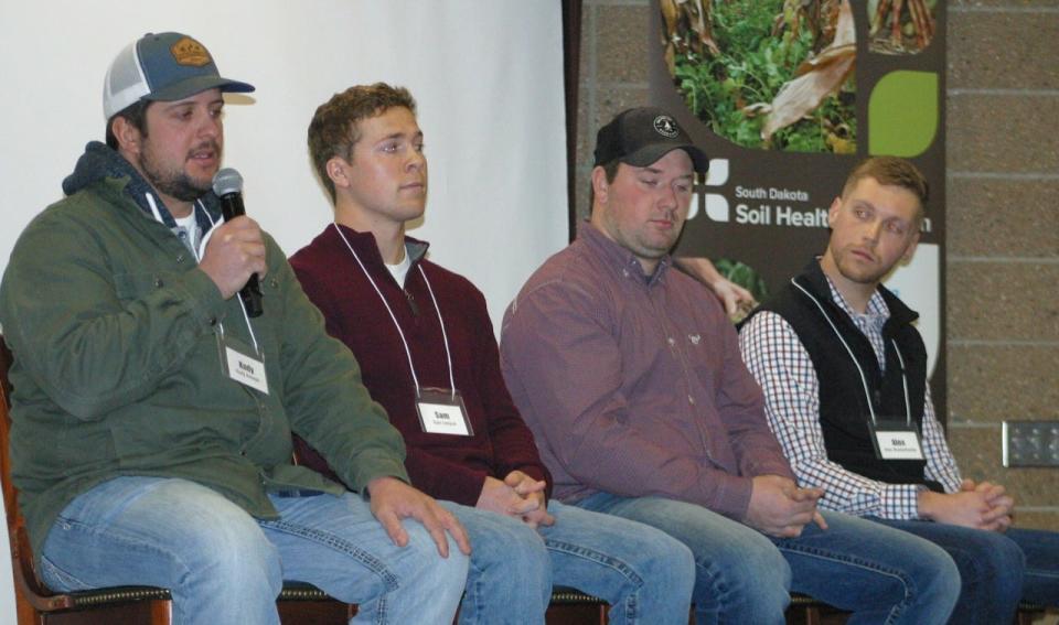 Young farmer panelists at the Soil Health Coalition Conference in Aberdeen were, from left, Kody Aesoph, Sam Ireland, Cooper Gordon and Alex Boekelheide.