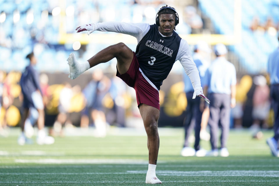 South Carolina wide receiver Antwane Wells Jr. warms up before an NCAA college football game against North Carolina, Saturday, Sept. 2, 2023, in Charlotte, N.C. (AP Photo/Erik Verduzco)