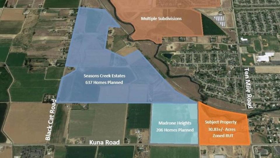This aerial map shows an 30.8 acres 135 N. Ten Mile Road, in the lower right corner, offered for $3.25 million. “Well-positioned acreage in the path of development,” says the listing by KW Commercial.
