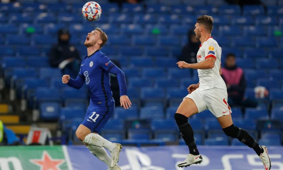 Chelsea’s Timo Werner plays head-tennis in front of Sevilla’s Sergi Gómez.