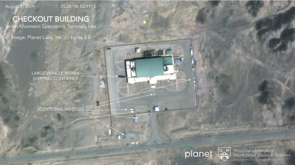 This Aug. 9, 2019, satellite image from Planet Labs Inc., that has been annotated by experts at the James Martin Center for Nonproliferation Studies at Middlebury Institute of International Studies, shows activity at the Imam Khomeini Space Center in Iran's Semnan province. Iran appears to be preparing to attempt another satellite launch after twice failing this year to put one in orbit, despite U.S. accusations that the Islamic Republic's program helps it develop ballistic missiles. (Planet Labs Inc, Middlebury Institute of International Studies via AP)