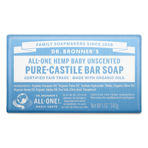 bar of Dr. Bronner;s pure castile bar soap against white background