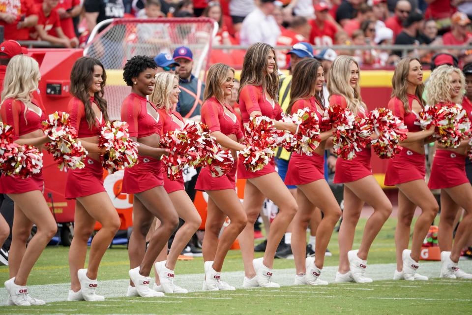 Aug 26, 2023; Kansas City, Missouri, USA; The Kansas City Chiefs cheerleaders perform on field against the Cleveland Browns prior to a game at GEHA Field at Arrowhead Stadium. Mandatory Credit: Denny Medley-USA TODAY Sports