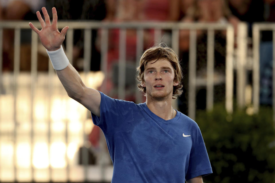 Russia's Andrey Rublev celebrates his win against South Africa's Lloyd Harris during their Adelaide International tennis match in Adelaide, Saturday, Jan. 18, 2020. (AP Photo/James Elsby)