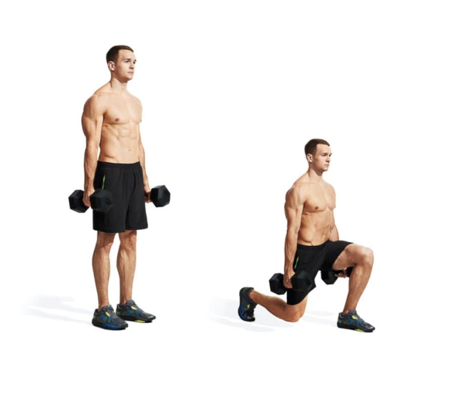 <p>Stand with feet hip-width apart, holding a dumbbell in each hand, palms facing one another, to start. Step forward with one leg and lower your body until your rear knee nearly touches the floor and your front thigh is parallel to the floor. That's 1 rep. Step forward with your rear leg to perform the next rep. Repeat.</p>