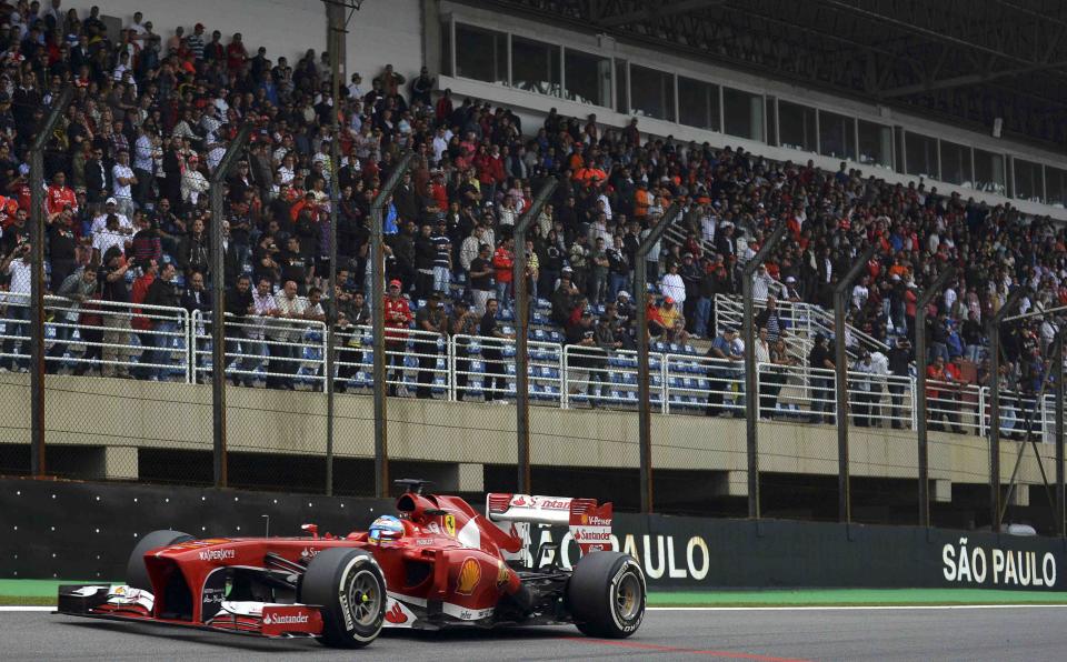 Fernando Alonso of Spain drives during the Brazilian F1 Grand Prix at the Interlagos circuit in Sao Paulo