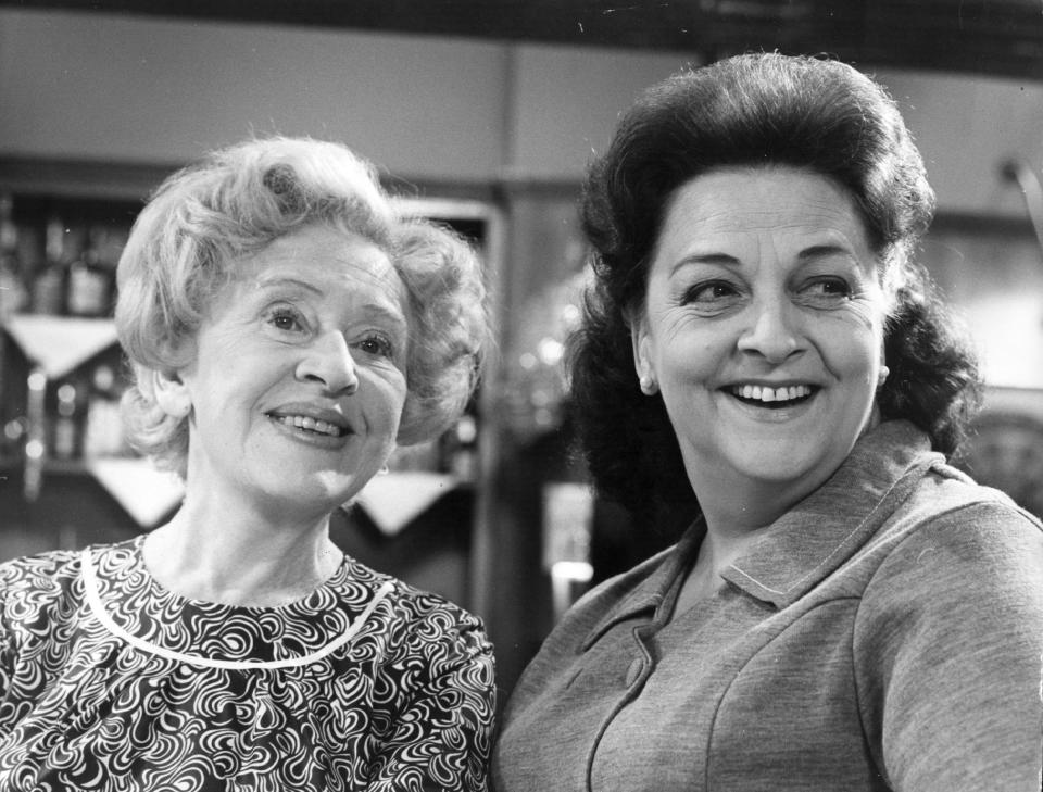 10th September 1970:  Actress Doris Speed as Annie Walker and Betty Driver as Betty Turpin in the television  series 'Coronation Street'.  (Photo by John Madden/Keystone/Getty Images)