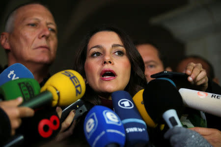 Ciudiadanos party leader in Catalonia, Ines Arrimadas, speaks to journalists during a campaign stop in Figueres, Spain, December 15, 2017. REUTERS/Albert Gea