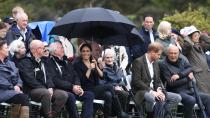 <p> As much as we're all fans of the Duchess of Sussex, there's no denying there's an element of goofiness in her perplexed smile. </p> <p> To be fair to Meghan - who was a born and raised Californian girl - rain might be something of a foreign concept. So it's no wonder she looks out of place holding an oversized brolly over her head as she and Prince Harry toured New Zealand in 2018. </p>