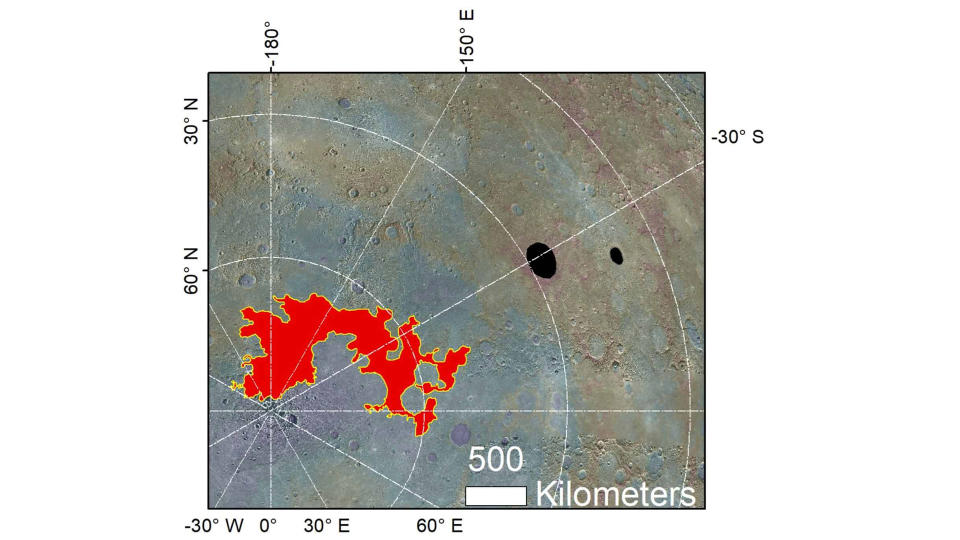 A view of Mercury's north polar chaotic terrain (Borealis Chaos) and the Raditladi and Eminescu craters where evidence of possible glaciers has been identified.