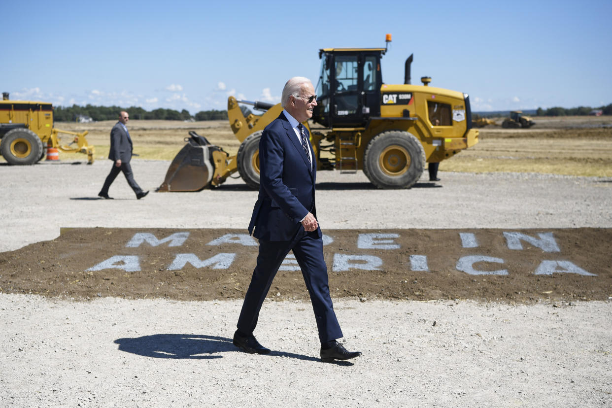 Joe Biden arrives for a ceremony at the groundbreaking of the new Intel semiconductor manufacturing facility near New Albany, Ohio, in 2022. (Gaelen Morse / Bloomberg via Getty Images)