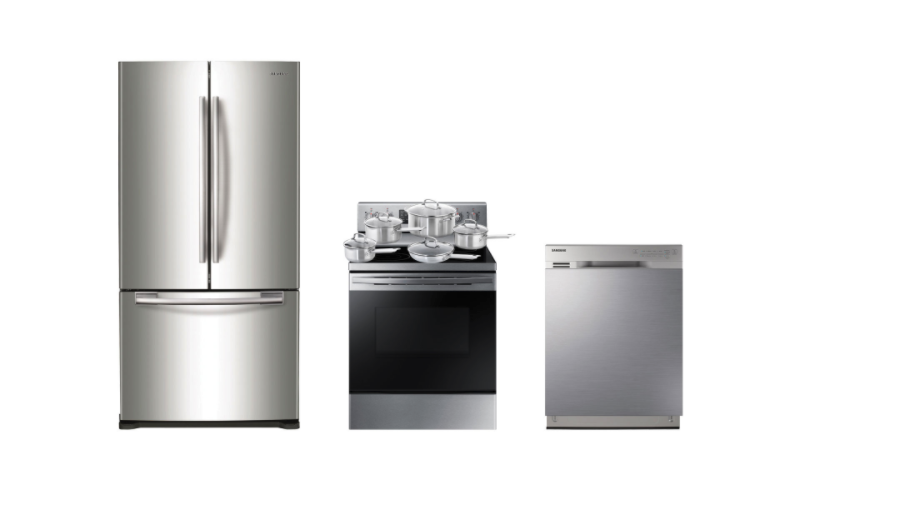 Samsung 33" French Door Refrigerator; Electric Range; Dishwasher; Cookware Package. Image via Best Buy.