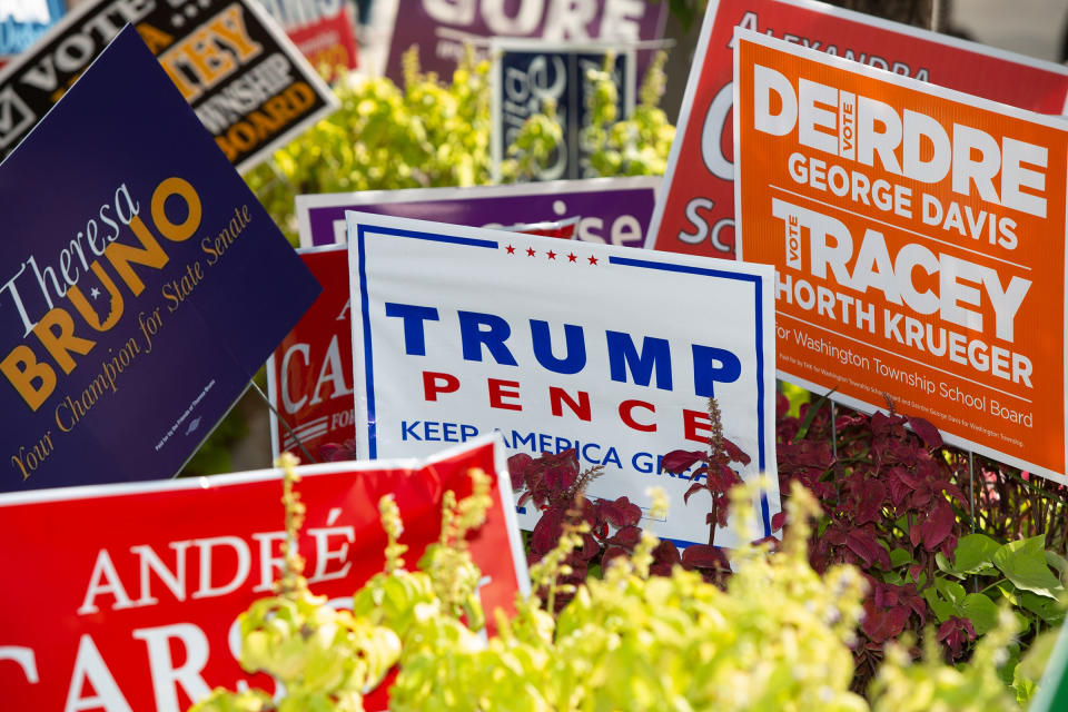 Signs for a variety of local and national races in downtown Indianapolis on Oct. 13, 2020.