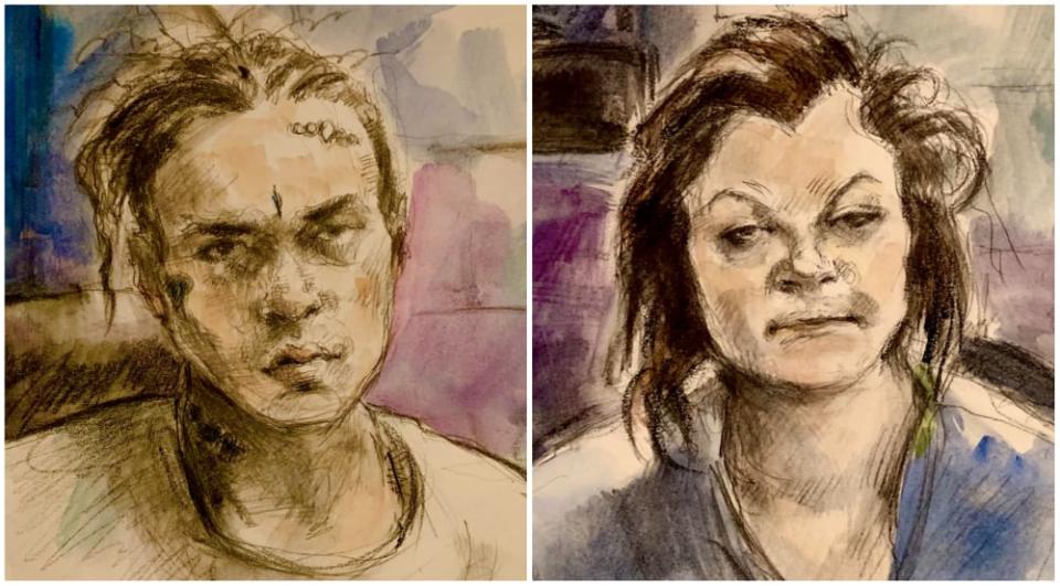 A sketch of Randall McKenzie, 25, and Brandi Stewart-Speary, 30, from their court appearance in Cayuga on Dec. 28.