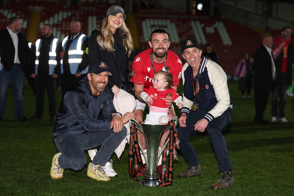 ryan reynolds and rob mcelhenney join wrexham's eoghan o'connell and family to celebrate the club's vanarama national league victory
