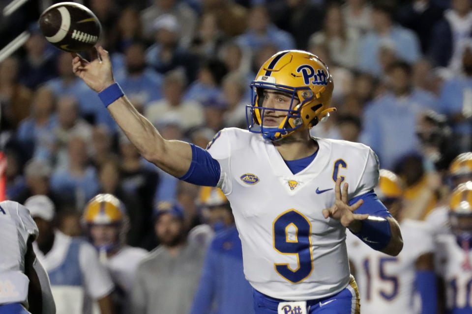 Pittsburgh quarterback Kedon Slovis (9) passes against North Carolina during the first half of an NCAA college football game in Chapel Hill, N.C., Saturday, Oct. 29, 2022. (AP Photo/Chris Seward)