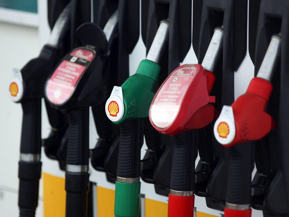 A row of fuel pumps of a fuel distributor at Shell gas station.