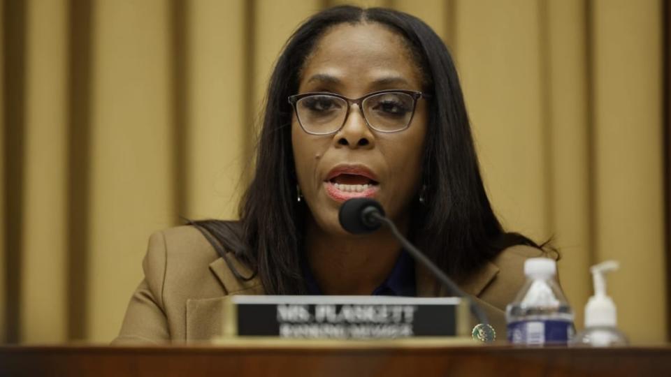 Congresswoman Stacey Plaskett, the U.S. Virgin Islands delegate, delivers remarks in February at a congressional hearing. This week, she applauded Vice President Kamala Harris’ visit to the Caribbean, (Photo: Chip Somodevilla/Getty Images)