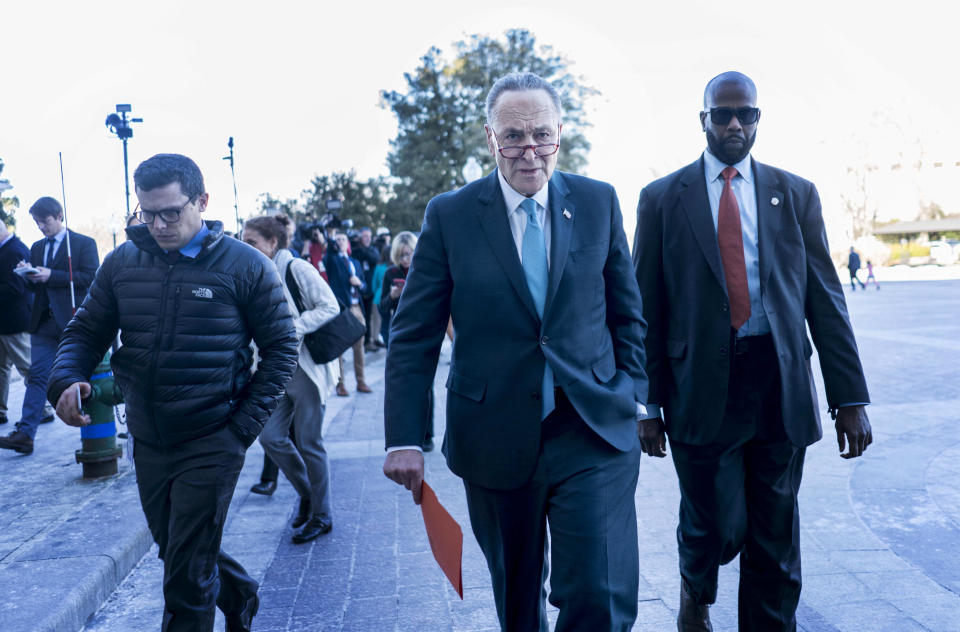 <p>With only a day to work out the details and get the votes to avoid a government shutdown, Senate Minority Leader Chuck Schumer speaks to journalists as he arrives back from a meeting with President Donald Trump at the White House, on Capitol Hill in Washington on Friday Jan. 19, 2018. (Photo: Melina Mara/The Washington Post via Getty Images) </p>