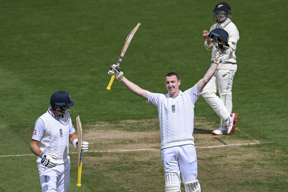 Harry Brook of England celebrates his century on the first day of the second cricket test against New Zealand at the Basin Reserve in Wellington, New Zealand, Friday, Feb. 24, 2023. (Andrew Cornaga/Photosport via AP)