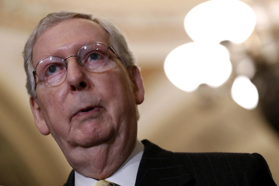 Senate Majority Leader Mitch McConnell of Ky., speaks to members of the media following a Senate policy luncheon, Tuesday, April 2, 2019, on Capitol Hill in Washington.