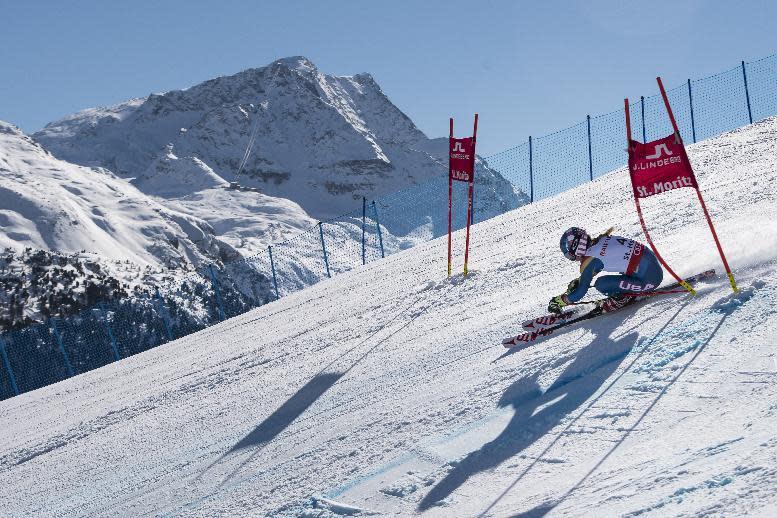 Mikaela Shiffrin of the US competes during the second run of the women's Giant Slalom race at the 2017 Alpine Skiing World Championships in St. Moritz, Switzerland, Thursday, Feb. 16, 2017. (Jean-Christophe Bott/Keystone via AP)