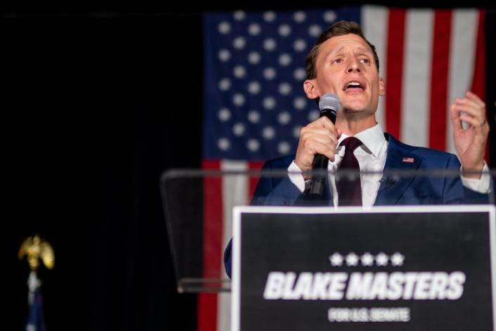Republican U.S. senatorial candidate Blake Masters speaks during his election night watch party on August 02, 2022 in Chandler, Arizona.