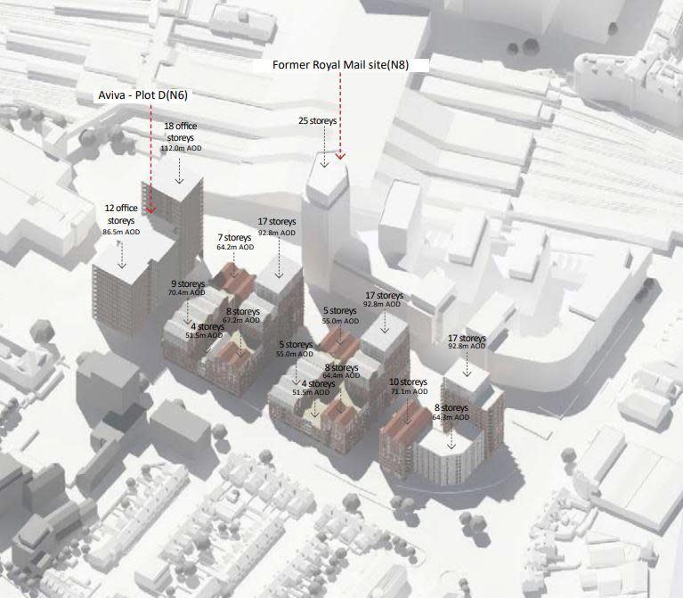 Reading Chronicle: An indicative heights for a plan to build around 1,000 flats, offices retail and more in a project to replace Reading Station Shopping Park. Credit: Collado Collins Architects