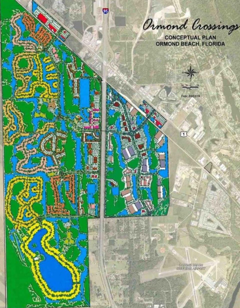 This is a conceptual plan for Ormond Crossings, which would have 2,950 homes built on the west side of Interstate 95 and nearly 3 million square feet of commercial space on the east side of the interstate. The 3,000 acres are south of U.S. 1 on both sides of I-95 and mostly south of a Florida East Coast Railroad line that runs parallel to U.S. 1.
