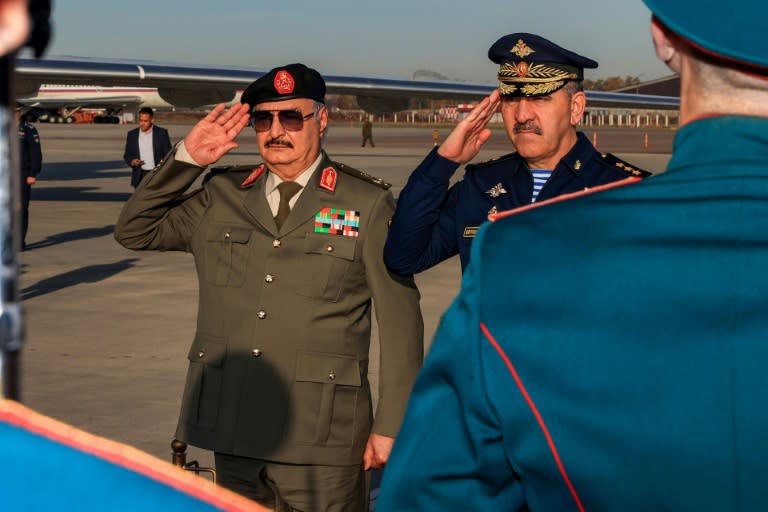Khalifa Haftar, at left, on a visit to Moscow in September, 2023, is now in his early 80s (-)