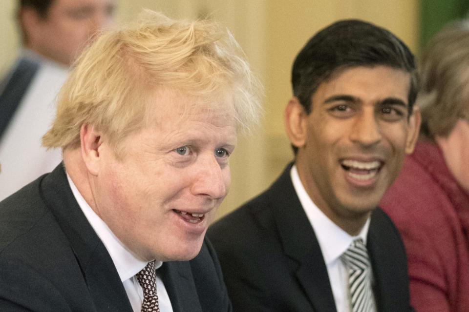 LONDON, ENGLAND - FEBRUARY 14: British Prime Minister Boris Johnson speaks during his first Cabinet meeting flanked by his new Chancellor of the Exchequer Rishi Sunak, after a reshuffle the day before, inside 10 Downing Street, at Downing Street on February 14, 2020 in London, England. The Prime Minister reshuffled the Cabinet yesterday. High profile changes were Attorney General Geoffrey Cox, Business Secretary Andrea Leadsom, Housing Minister Esther McVey and Northern Ireland Minister Julian Smith all sacked and Chancellor Sajid Javid resigned. (Photo by Matt Dunham - WPA Pool/Getty Images)