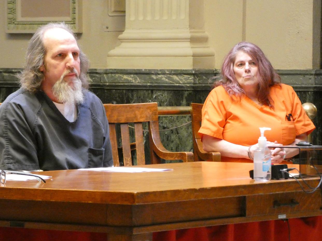 Crestline residents Gerald Cotsmire, left, and Sherrie Pfleiderer each pleaded guilty to five drug-related charges in Crawford County Common Pleas Court on Tuesday before being sentenced to spend at least 15 years in prison.