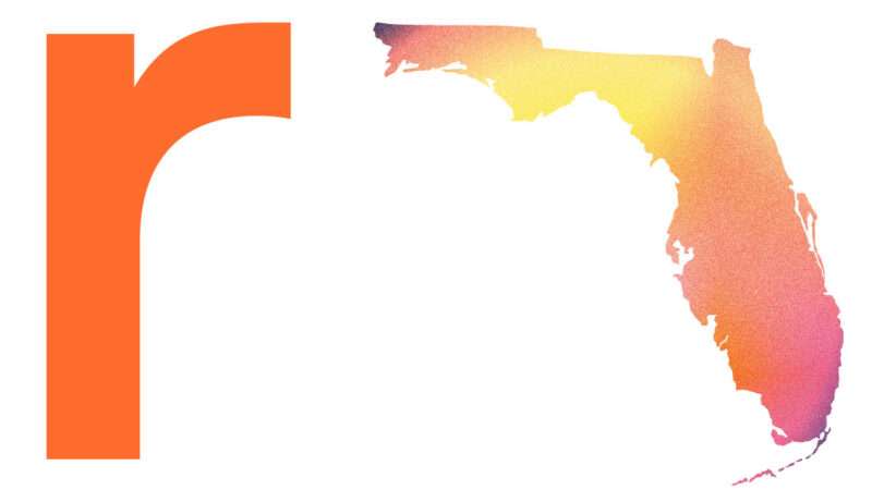 Reason magazine 'r' logo on the left with an orange and yellow gradient outline of Florida on the right against a white background