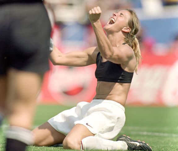 One of the most indelible images in American sports history: Brandi Chastain celebrates the winning goal of the 1999 Women's World Cup.