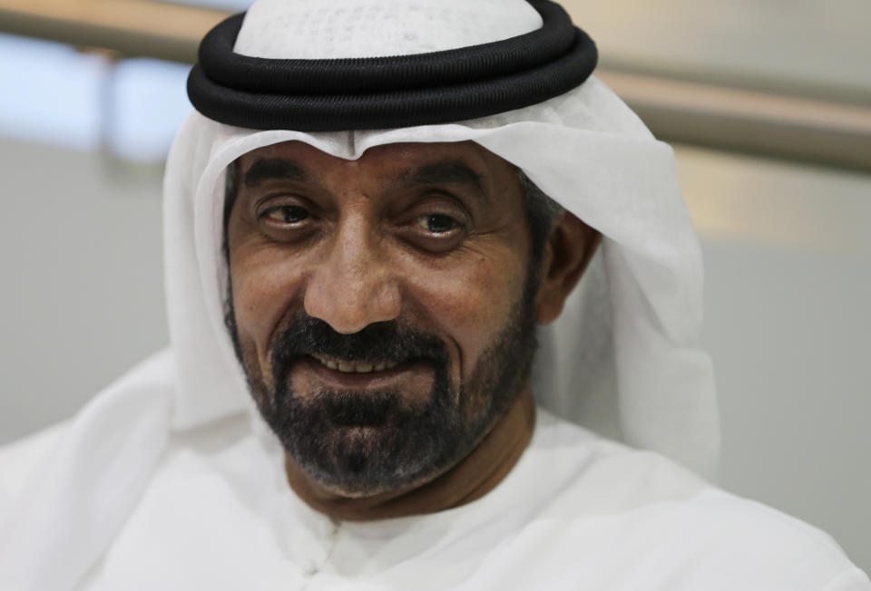 Sheikh Ahmed bin Saeed Al Maktoum, president of the Department of Civil Aviation, CEO and chairman of The Emirates Group speaks with journalists at the Arabian Travel Market exhibition in Dubai, United Arab Emirates, Monday, May 17, 2021. The Middle East's largest airlines saw its passenger levels plummet by 70% last year and furloughed more than 25% of its staff due to the coronavirus pandemic, Al Maktoum said Monday. (AP Photo/Kamran Jebreili)