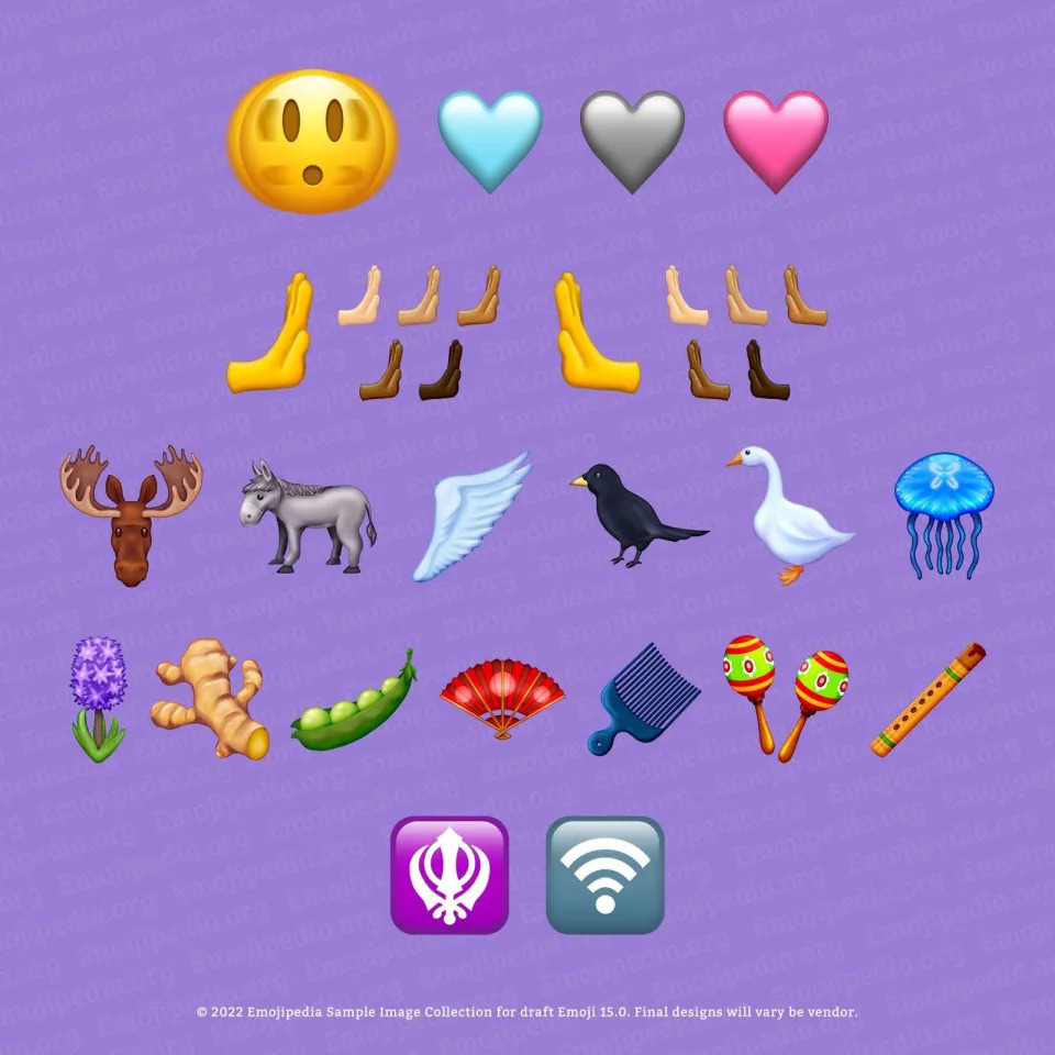 emoji of shaking head, colorful hearts, hands facing left and right, and various animals and objects