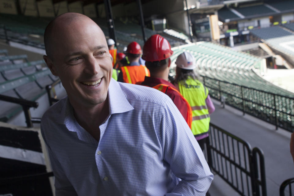 May 7, 2019; Portland, OR, USA; Portland Timbers owner and Chief Executive Officer Merritt Paulson visits during the hard-hat tour of Providence Park. Mandatory Credit: Jaime Valdez-USA TODAY Sports