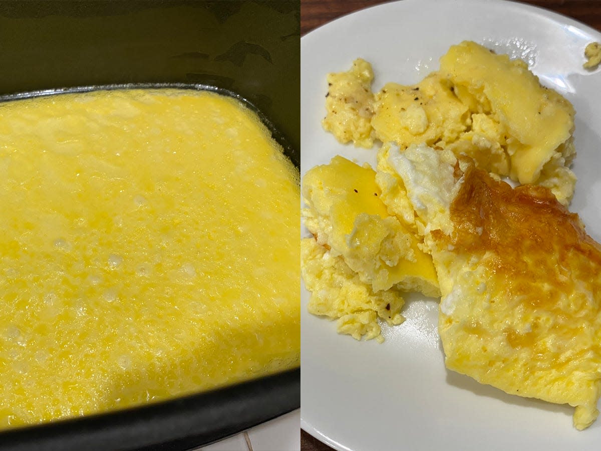 A smooth layer of bright-yellow, cooked eggs in a slow cooker; Scrambled eggs, with some slight browning, on a white plate