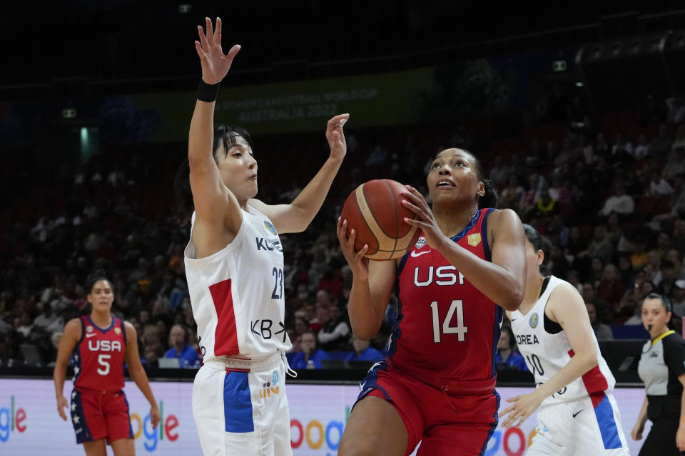United States' Betnijah Laney lays up for a shot at goal as South Korea's Kim Danbi attempts to block during their game at the women's Basketball World Cup in Sydney, Australia, Monday, Sept. 26, 2022. (AP Photo/Mark Baker)