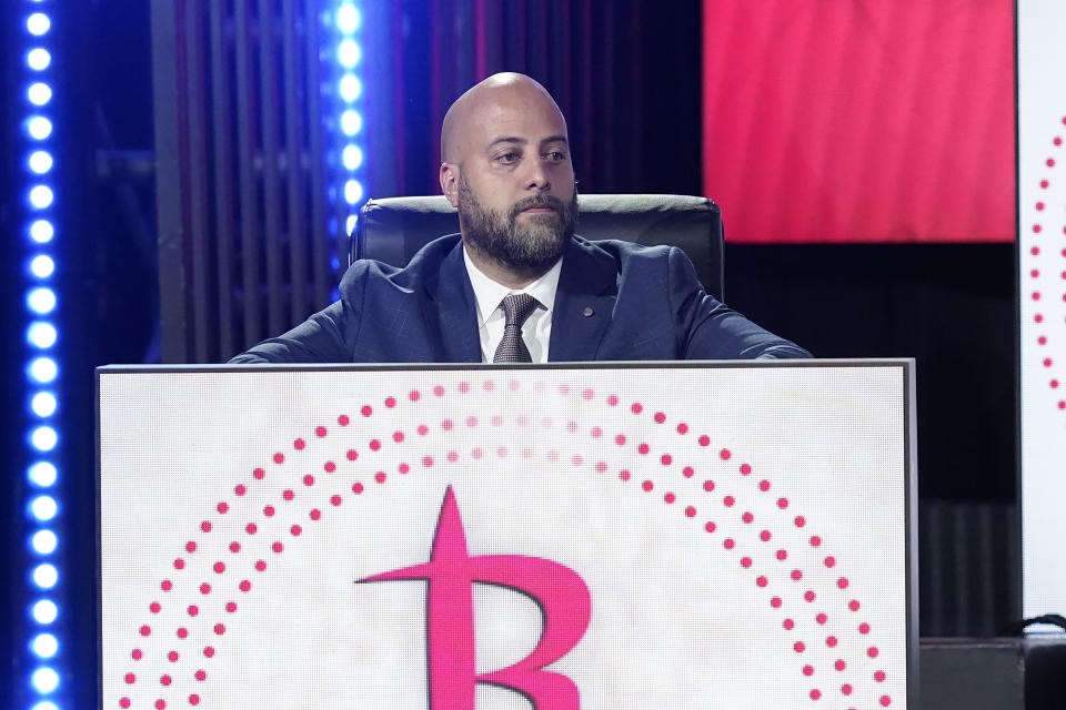 Houston Rockets general manager Rafael Stone sits on stage during the 2022 NBA basketball Draft Lottery Tuesday, May 17, 2022, in Chicago. (AP Photo/Charles Rex Arbogast)