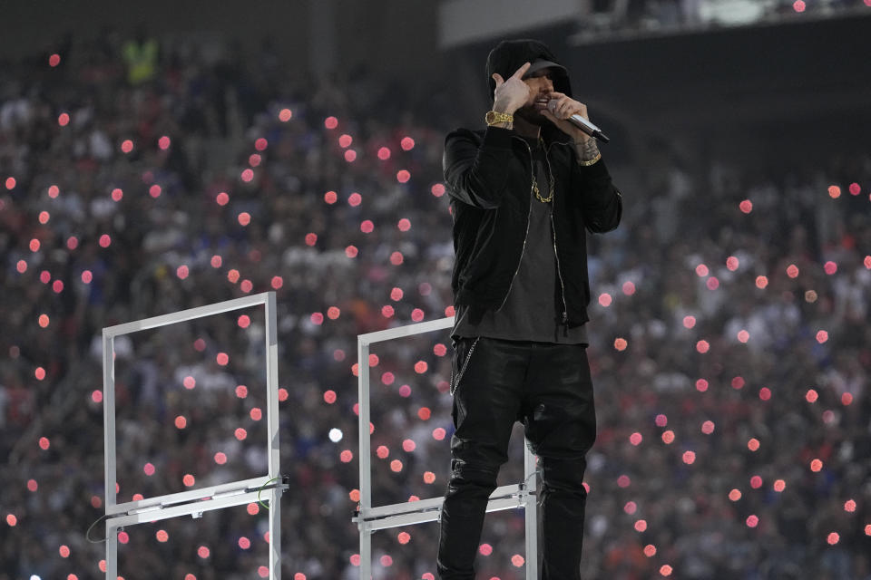 Eminem performs during halftime of the NFL Super Bowl 56 football game between the Los Angeles Rams and the Cincinnati Bengals Sunday, Feb. 13, 2022, in Inglewood, Calif. (AP Photo/Mark J. Terrill)