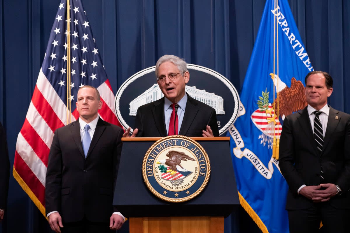 Attorney General Merrick Garland and federal law enforcement announced an operation targeting fentanyl and opioid traffickers on 2 May. (AP)