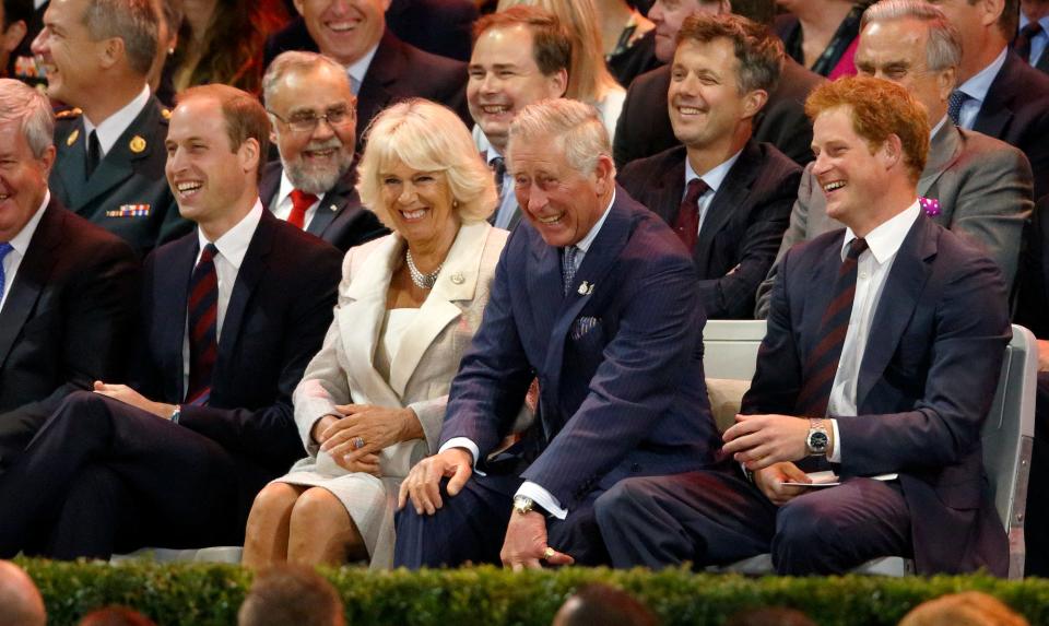 Prince William, Camilla Parker Bowles, Prince Charles, and Prince Harry sit in a crowd.