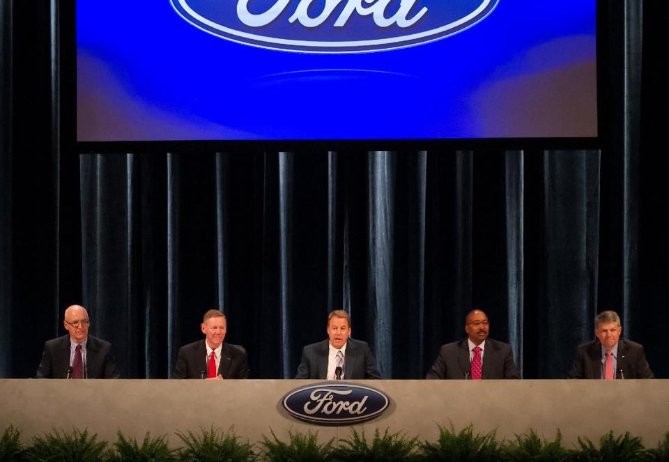 From left, Executive Vice-president and CFO Robert Shanks, Ford President and CEO Alan Mulally, Executive Chairman for Ford Motor Company William Ford, Secretary Bradley Gayton, Group VP and General Counsel David Leitch attend the company's annual shareholders meeting at the Hotel DuPont in Wilmington, Del., Thursday, May 10, 2012. The meeting lasted only 45 minutes, much of it spent with shareholders praising CEO Alan Mulally and Executive Chairman Bill Ford Jr. for the company's turnaround. (AP Photo/Ron Soliman)