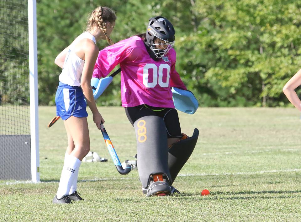 Colchester goalie Trinity Conley makes a save during the Lakers 2-0 home loss to South Burlington earlier this season.