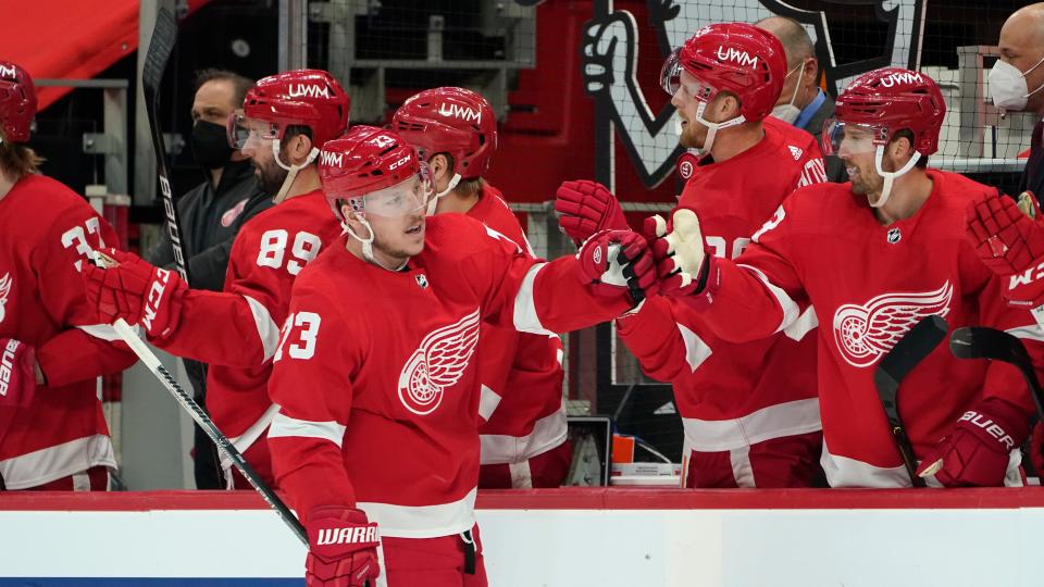 Red Wings left wing Adam Erne celebrates scoring a goal against the Hurricanes in the first period on Tuesday, March 16, 2021, at Little Caesars Arena.