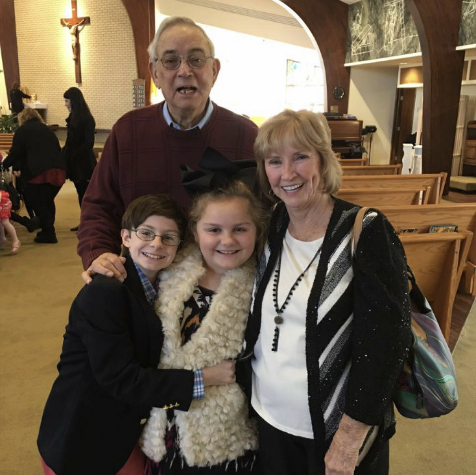 Albert and Lois Ann Necaise in 2018 at St. James Catholic Church in Gulfport with great grand-children Knox, left, and Adler “Addy” Brogdon. Necaise never missed mass until he was no longer physically able to attend.